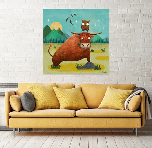 Jimbo the Bull and Millie the Little Owl - Highland Art Canvas